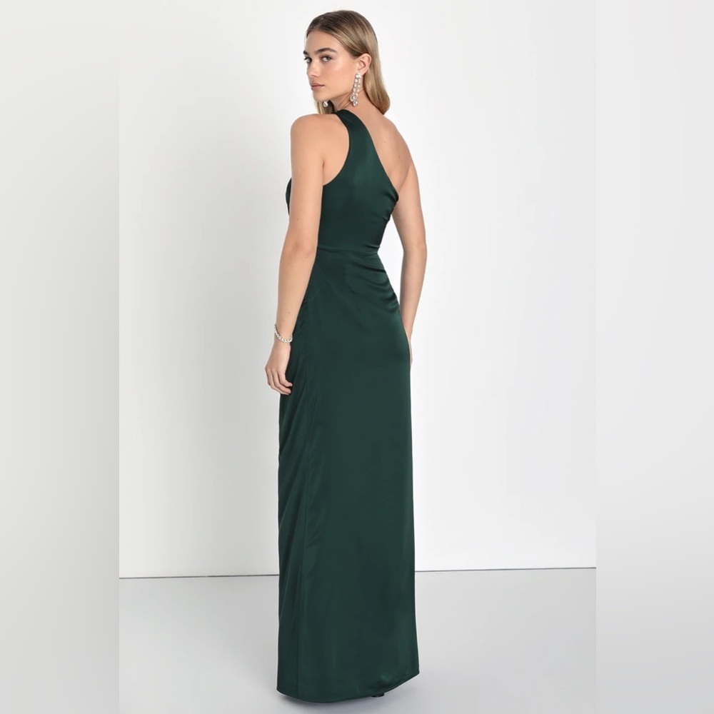 Lulus Dreaming of Elegance Emerald Satin One-Shoulder Maxi Dress - Picture 2 of 7